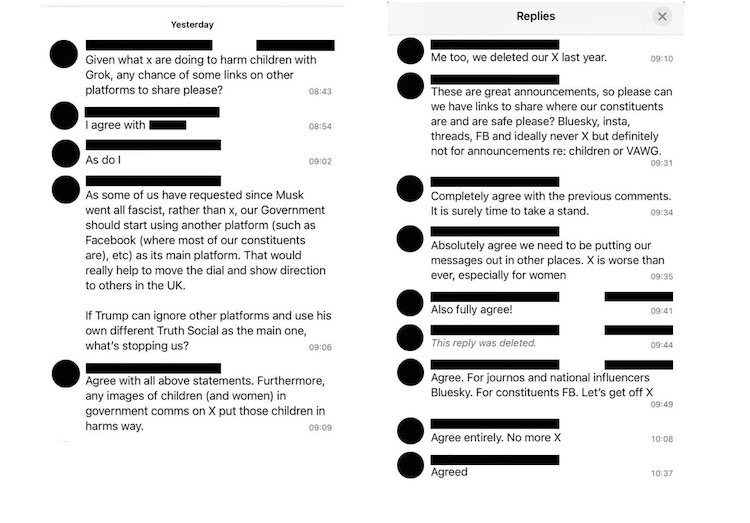 Screenshot of messages from Labour MPs in PLP broadcast whatsapp group, with names omitted